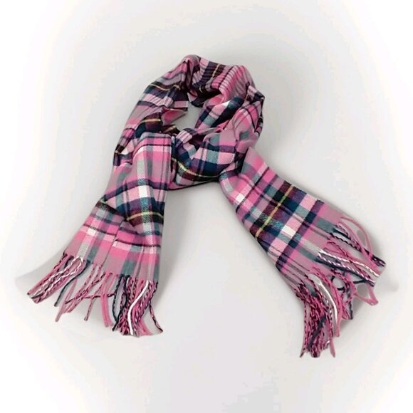 Made in Scotland 100% Cashmere Pink Plaid Fringe Scarf Staple - Picture 1 of 7